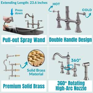 Double-Handle Pull Down Sprayer Kitchen Faucet with Side Spray in Brushed Nickel
