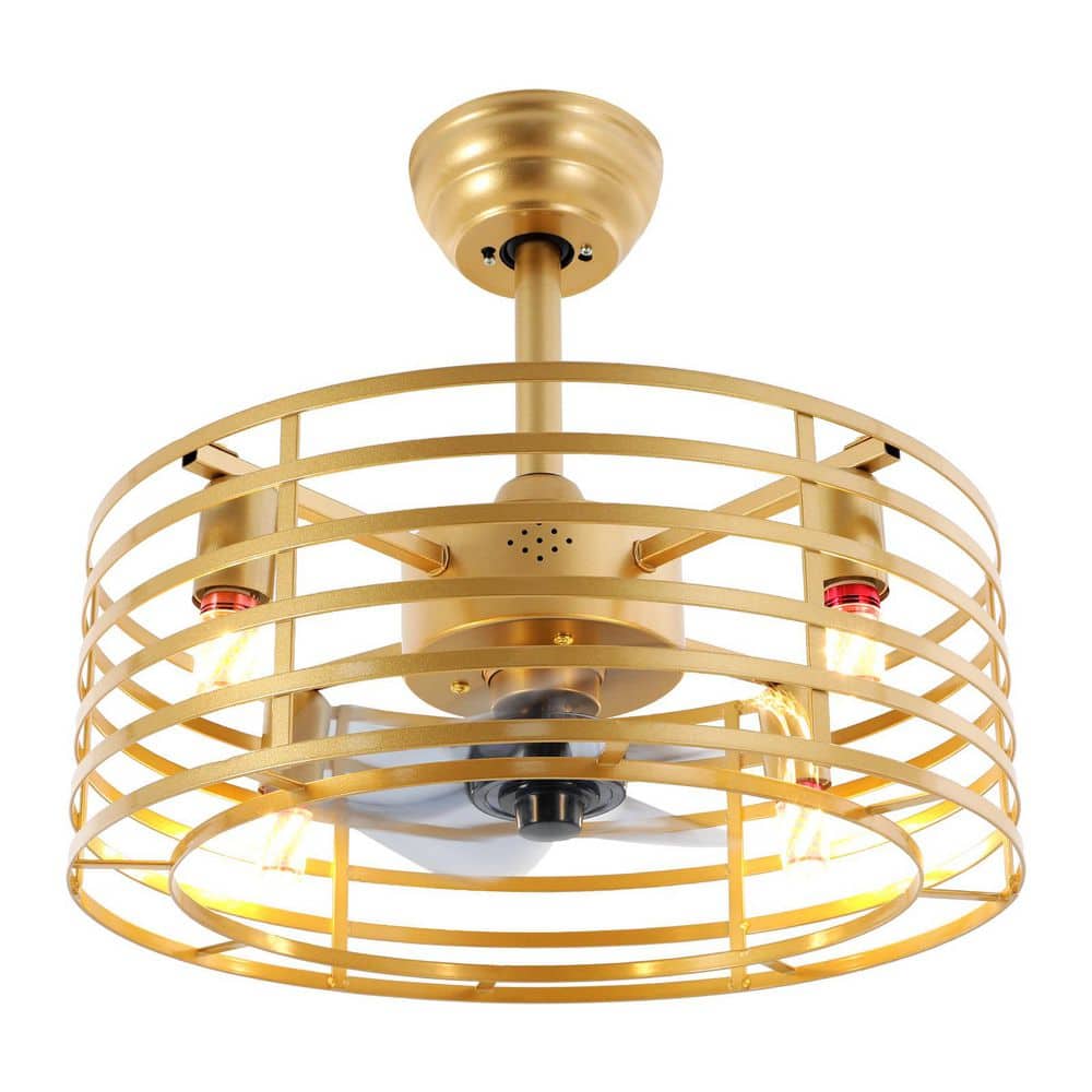 20 in. Indoor Modern Enclosed Gold Semi Flush Mount Metal Caged Ceiling Fan with Light Kit and Remote Control price history on PriceWatchPro