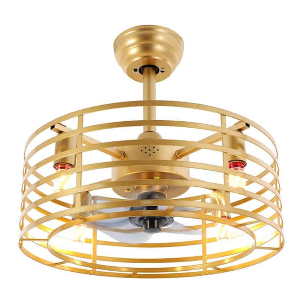 OUKANING 20 in. Indoor Modern Enclosed Gold Semi Flush Mount Metal Caged Ceiling Fan with Light Kit and Remote Control