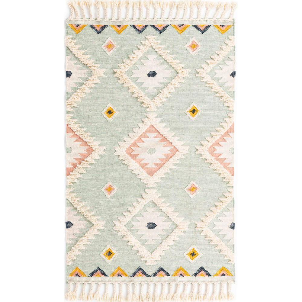 Light Aqua Geometric Hand-knotted Wool Area Rug