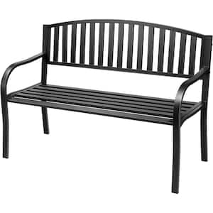 50 in. Metal Outdoor Garden Bench with Armrest in Black