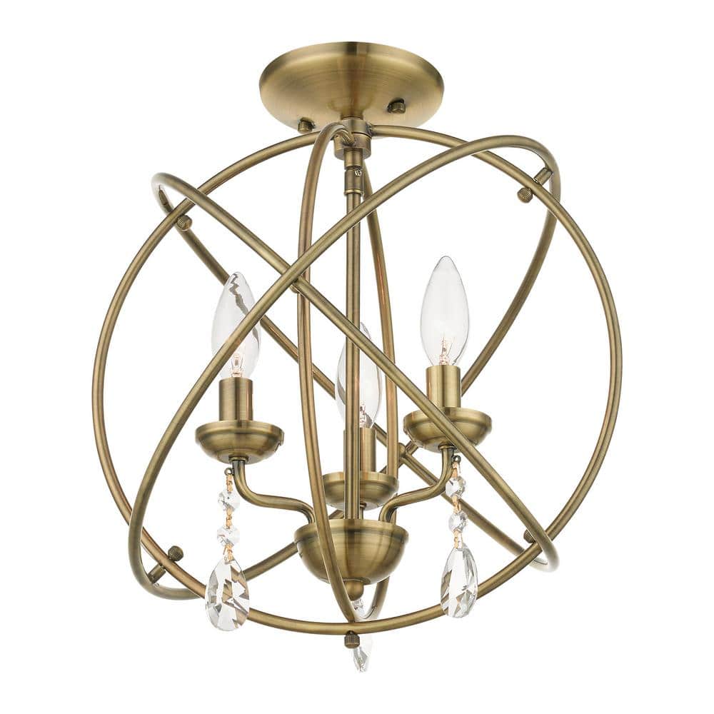 Antique Brass Mini 3-Light Chandelier with Teardrop Crystals