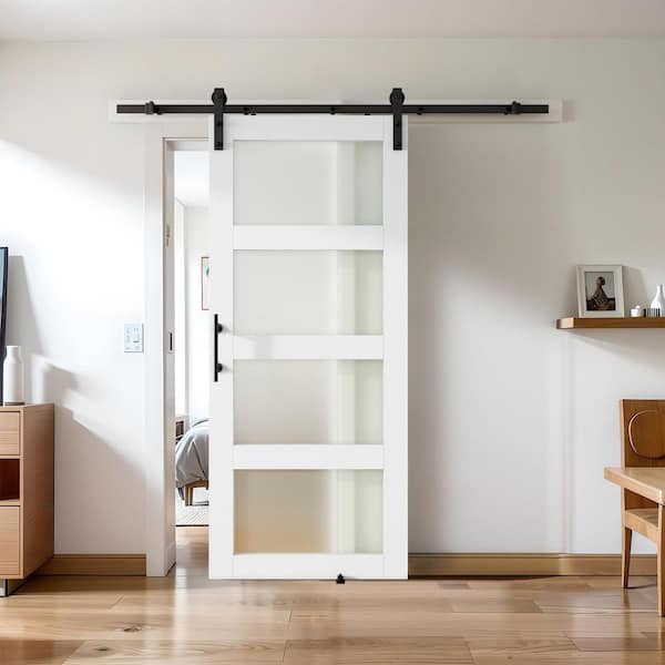 36 in. x 84 in. 4-lite Frosted Glass White PVC Finished Solid Core MDF Sliding Barn Door with Hardware Kit