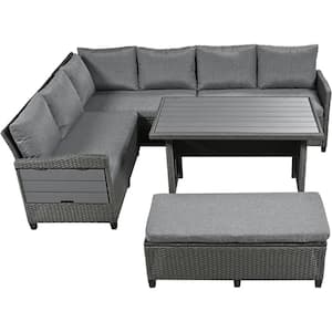 5-Piece PE Wicker Rattan Outdoor Sofa Sectional Set with 2-Extendable Side Tables, Gray Cushions and Washable Covers