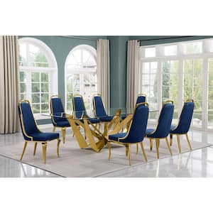 Meryl 9-Piece Rectangular Glass Top Gold Stainless Steel Dining Set With 8-Navy Blue Velvet Gold Chrome Iron Legs Chairs