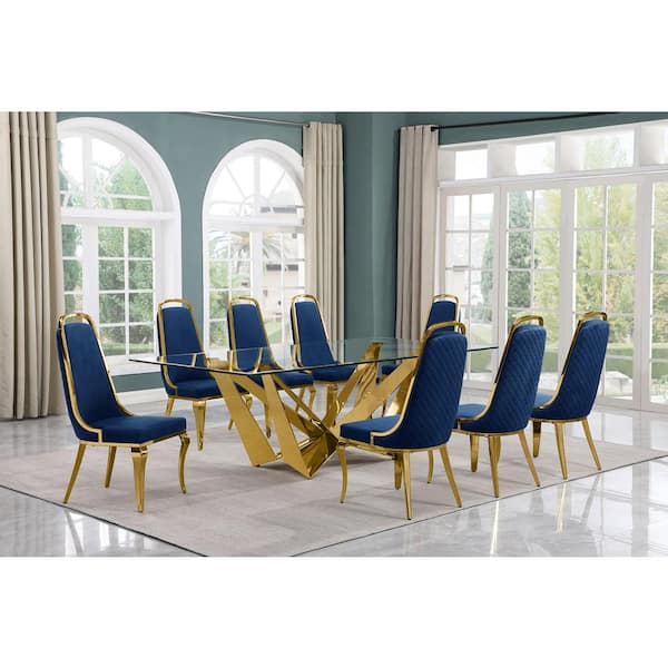 Best Quality Furniture Meryl 9-Piece Rectangular Glass Top Gold Stainless Steel Dining Set With 8-Navy Blue Velvet Gold Chrome Iron Legs Chairs