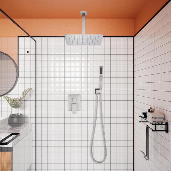 Single-Handle 2-Spray 16 in. Ceiling Mount Shower Faucet Rainfall Shower Heads Brass Construction in Brushed Nickel