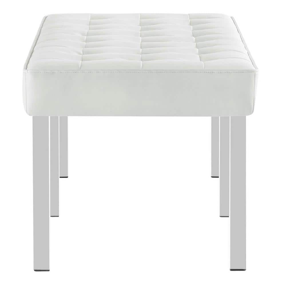 White Vegan Leather Tufted Bench with Stainless Steel Legs