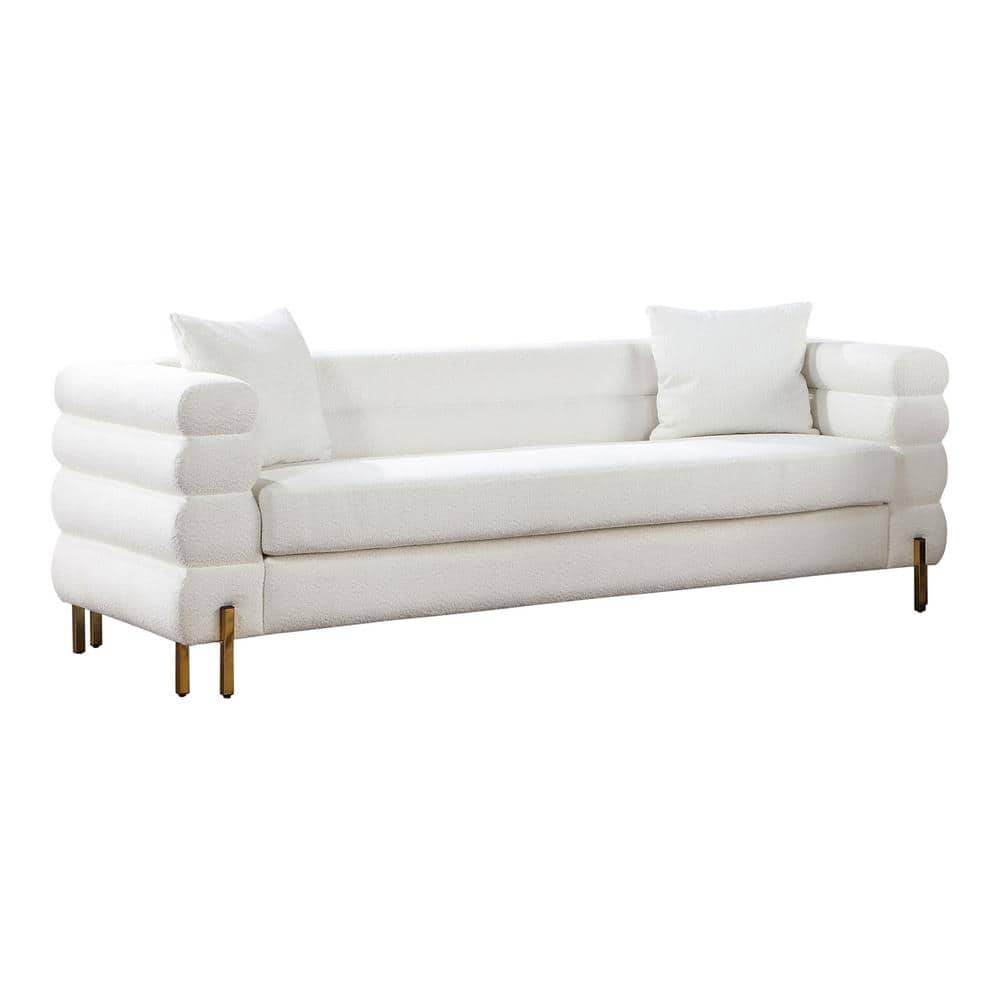 Luxurious White Boucle Fabric Sofa and Loveseat Set with Gold Legs
