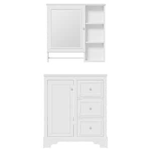 30 in. W Single Sink Freestanding Bath Vanity in White with White Ceramic Top and Mirror Cabinet, 3 Drawers