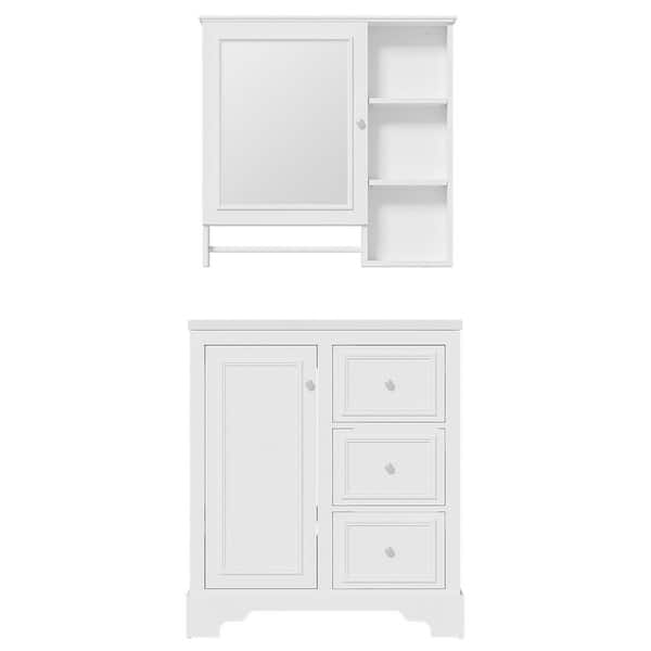 Nivencai 30 in. W Single Sink Freestanding Bath Vanity in White with White Ceramic Top and Mirror Cabinet, 3 Drawers