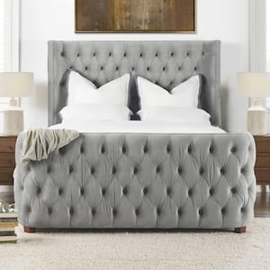 Brooklyn Opal Gray Tufted Frame Queen Panel Bed with Headboard and Footboard