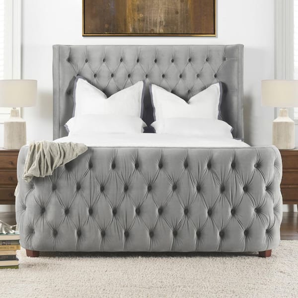 Brooklyn Opal Gray Tufted Frame Queen Panel Bed with Headboard and Footboard