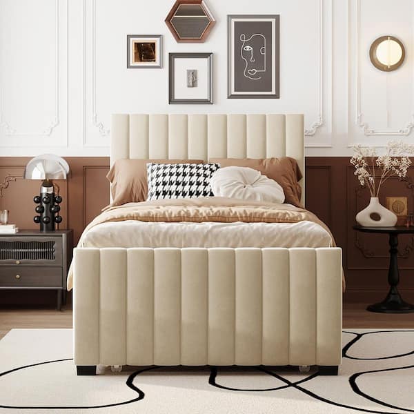 Beige Wood Frame Twin Size Platform Bed with Twin Size Trundle