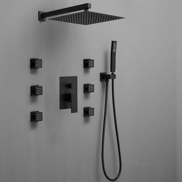 3-Spray Wall Mount 2.5 GPM 12 in. Shower Head Fixed and Handheld Shower Head with 6-Jets in Matte Black (Valve Included)
