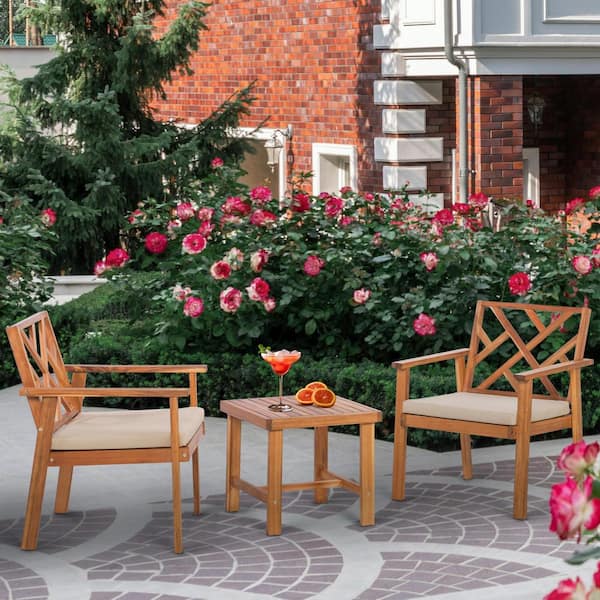 Brown 3-Piece Acacia Wood Patio Furniture Set with Light Gray Cushions