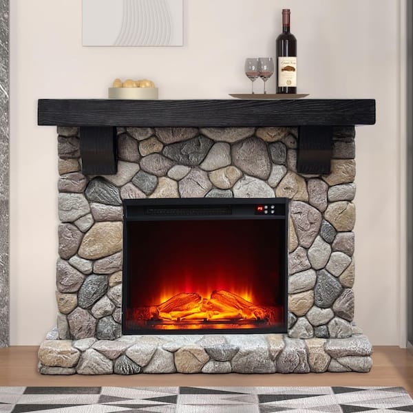 44 in. Freestanding Electric Fireplace in Beige Stone