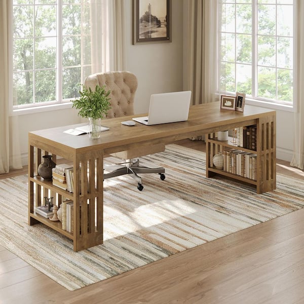 Lanita 79 in. Rectangle Brown Wood Computer Desk with Storage Shelves, Farmhouse Extra Long Double Office Executive Desk