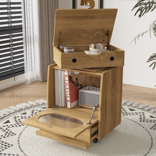 Natural Wood 2 Drawer 18.9 in. W Nightstand with 360° Rotating Top, Touch Light Strip, Fluted Glass & Swivel Casters