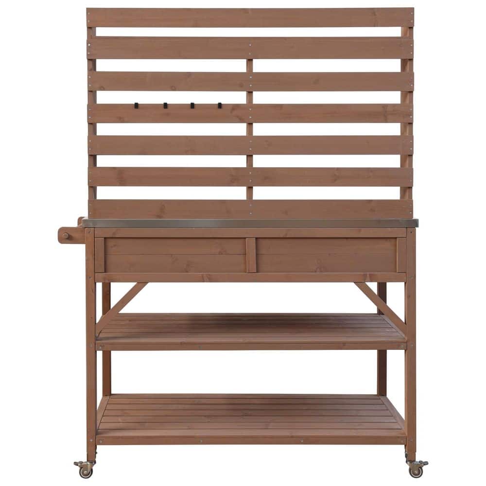 46. 7in. W x 65 in. H Outdoor Potting Bench with Lockable Wheels, Stainless