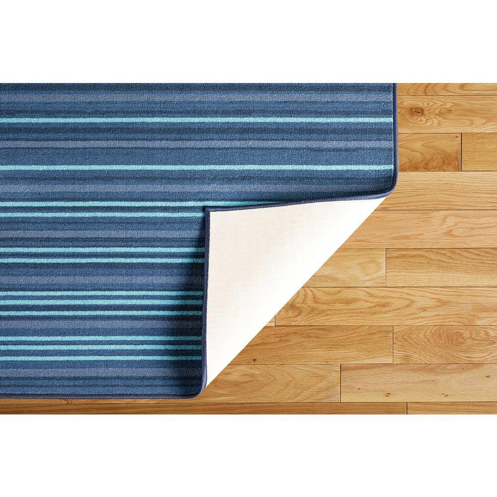 Layne Navy Blue and Light Blue Stripe Washable Synthetic Area Rug