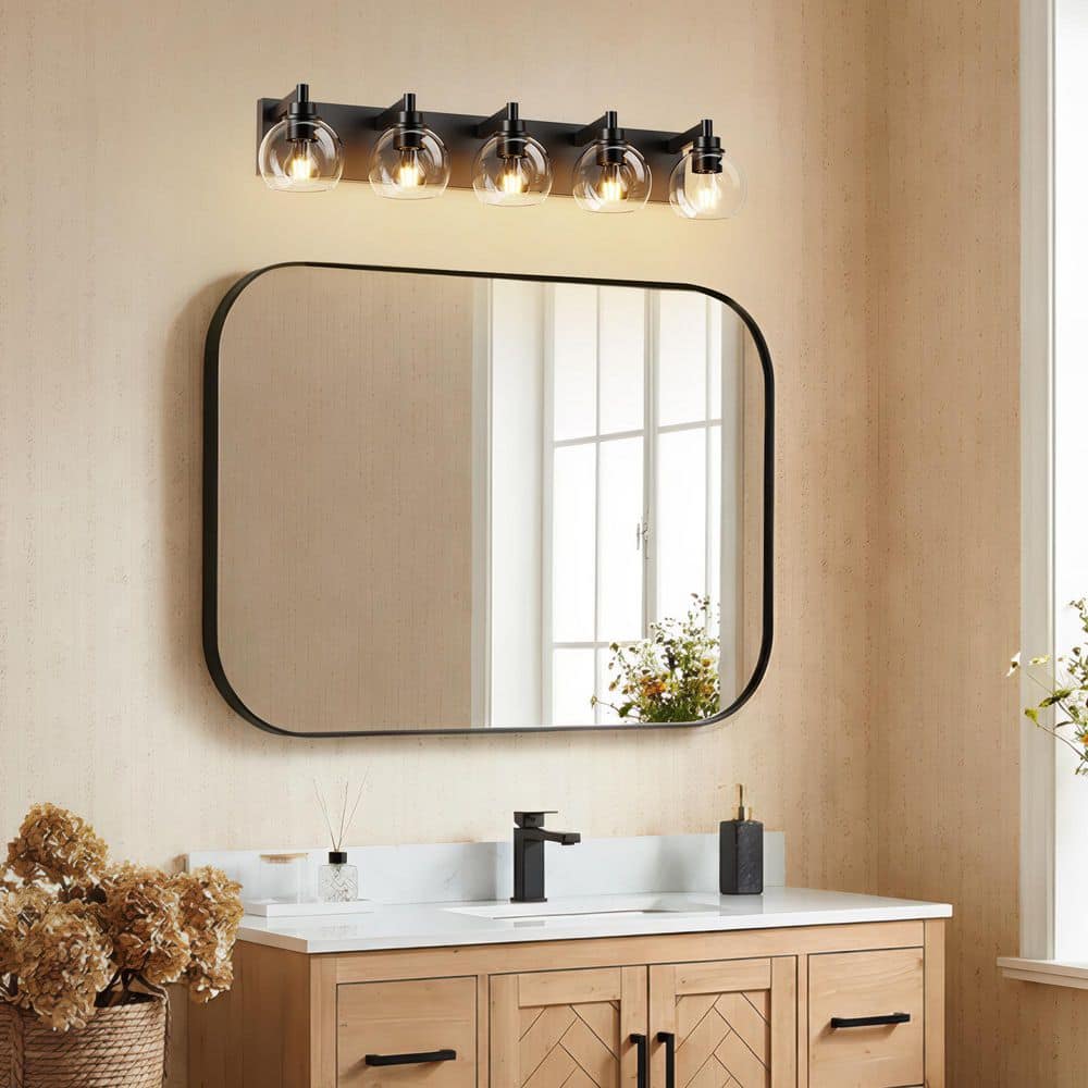 Modern 33.5 in. 5-Light Matte Black Bathroom Vanity Light with Clear Glass Shades Classic Wall Sconce for Damp Location price history on PriceWatchPro