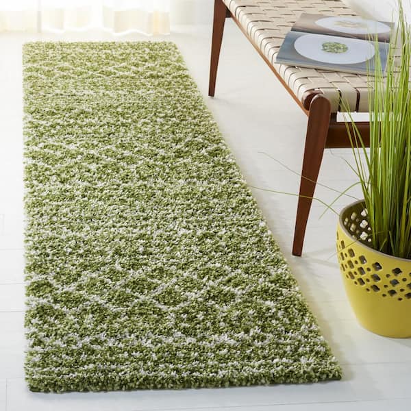 Arizona Shag Green/Ivory 3 ft. x 14 ft. Geometric Lodge Runner Rug