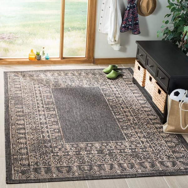 Courtyard Black/Natural 5 ft. x 8 ft. Border Ornate Indoor/Outdoor Area Rug