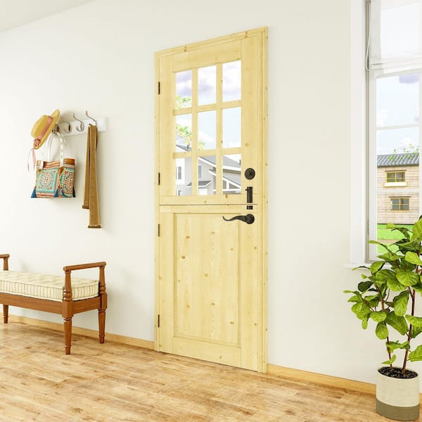 30 in. x 80 in. Solid Universal 9-Lite Clear Glass Unfinished Dutch Wood Prehung Front Door +Quick Assemble Jamb+lock