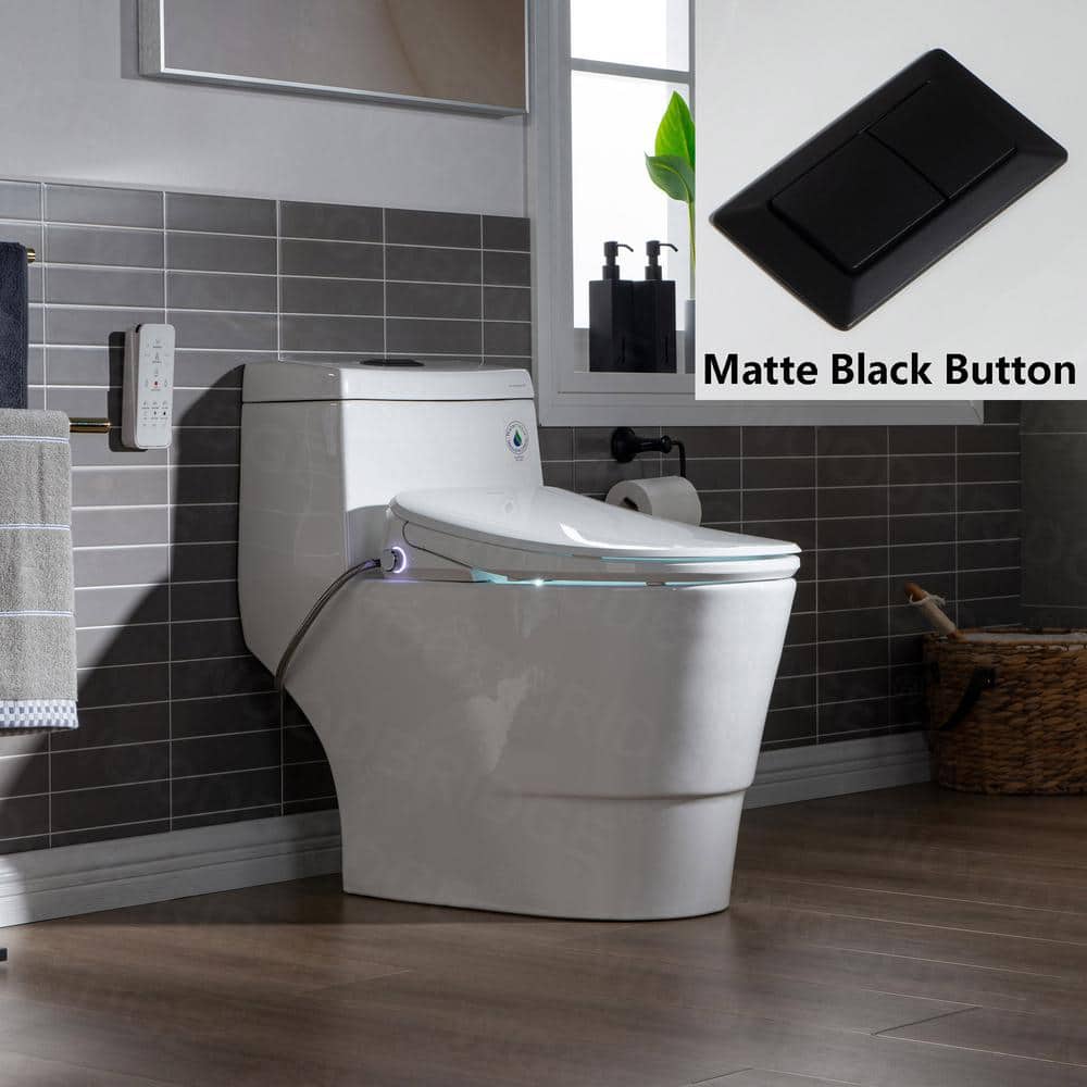 WOODBRIDGE 1-Piece 1.1GPF/1.6 GPF Dual Flush Elongated Toilet in White With Advance Smart Bidet Seat, White with Matte Black Button -  HT0067