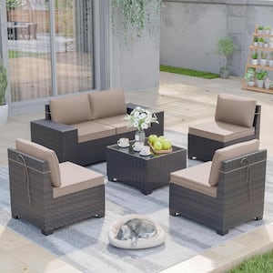 6-Piece Wicker Outdoor Sectional Set with Glass Coffee Table and Sand Cushions