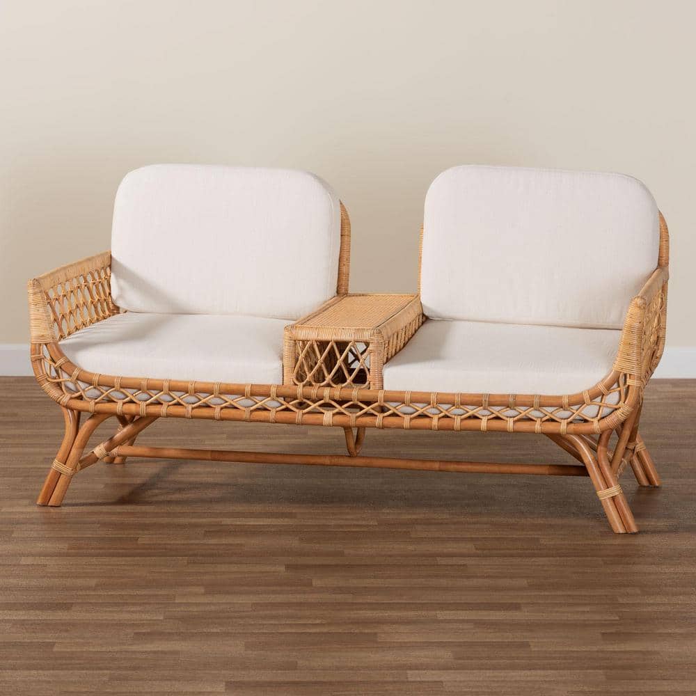 Bohemian Light Honey Rattan Tete-a-Tete Sofa with Removable Cushions