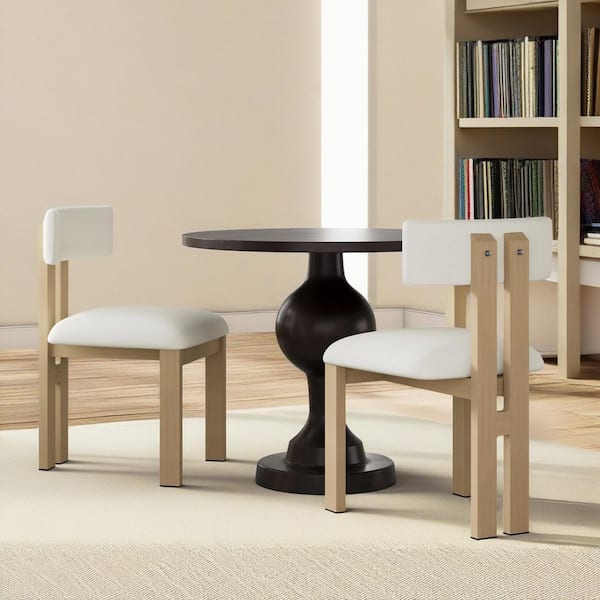 Modern 3-Piece Dining Set, Round Black Table And 2 Beige Upholstered Chairs