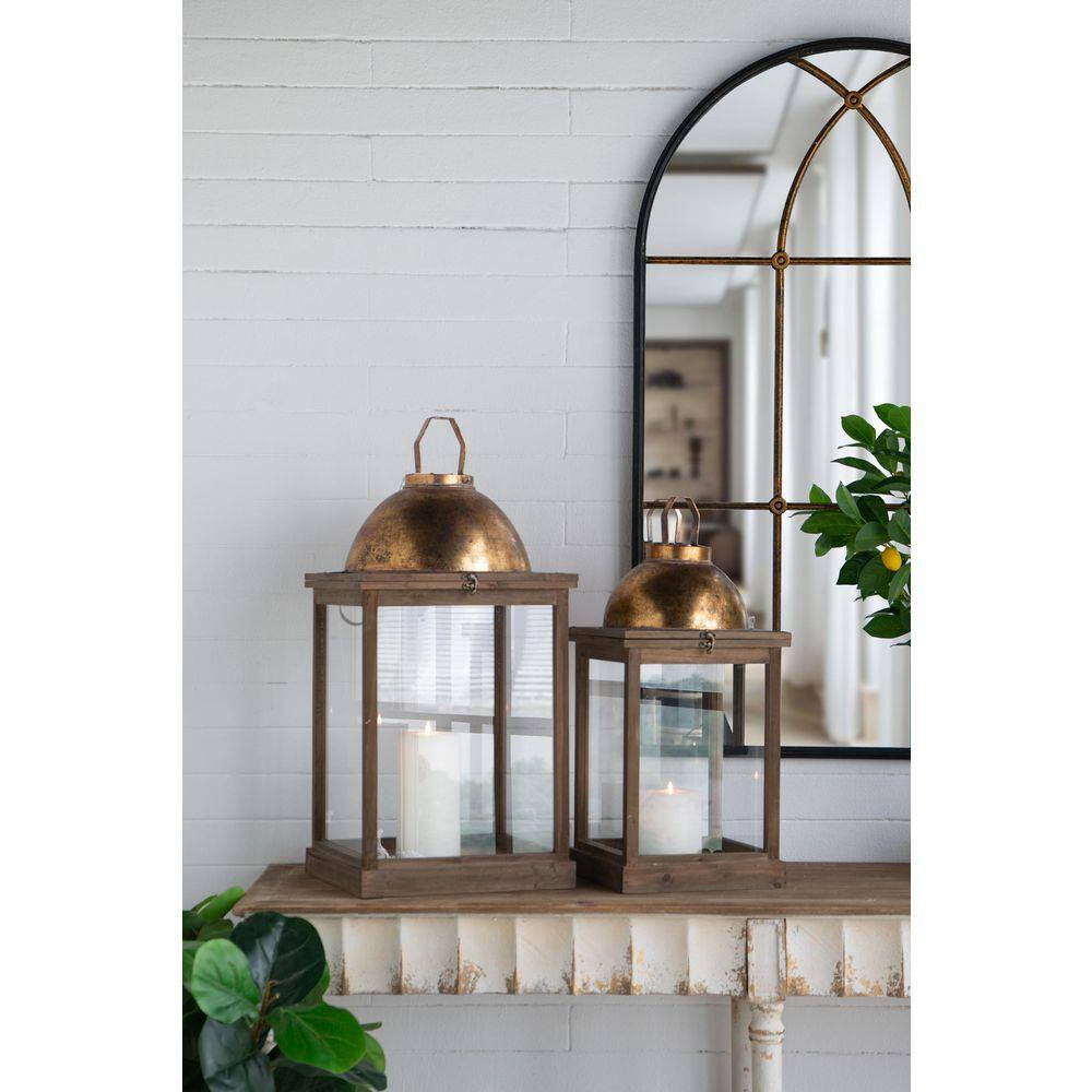 29 in. x 14 in. Brown Wooded Lantern 2-PC with Clear Glass Panels