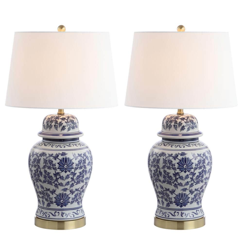 Elegant Arwen Blue and White Ceramic Table Lamp Set with Brass Accents