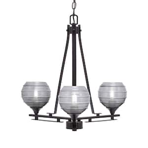 Ontario 19.25 in. 3-Light Dark Granite Geometric Chandelier for Dinning Room with Smoke Ribbed Shades No Bulbs Included