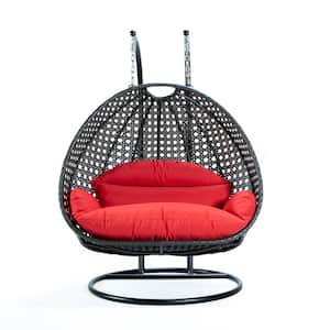 Charcoal Wicker Hanging 2-Person Egg Swing Chair Patio Swing with Red Cushions