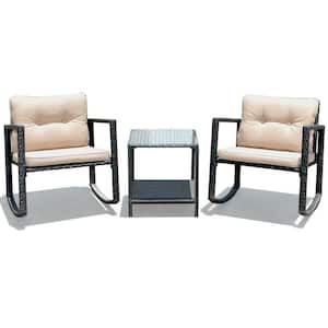 3-Piece Wicker Patio Conversation Set Rocking Chair Set with Beige Cushions