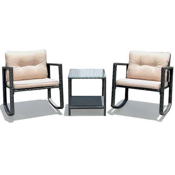 WELLFOR 3-Piece Wicker Patio Conversation Set Rocking Chair Set with Beige Cushions