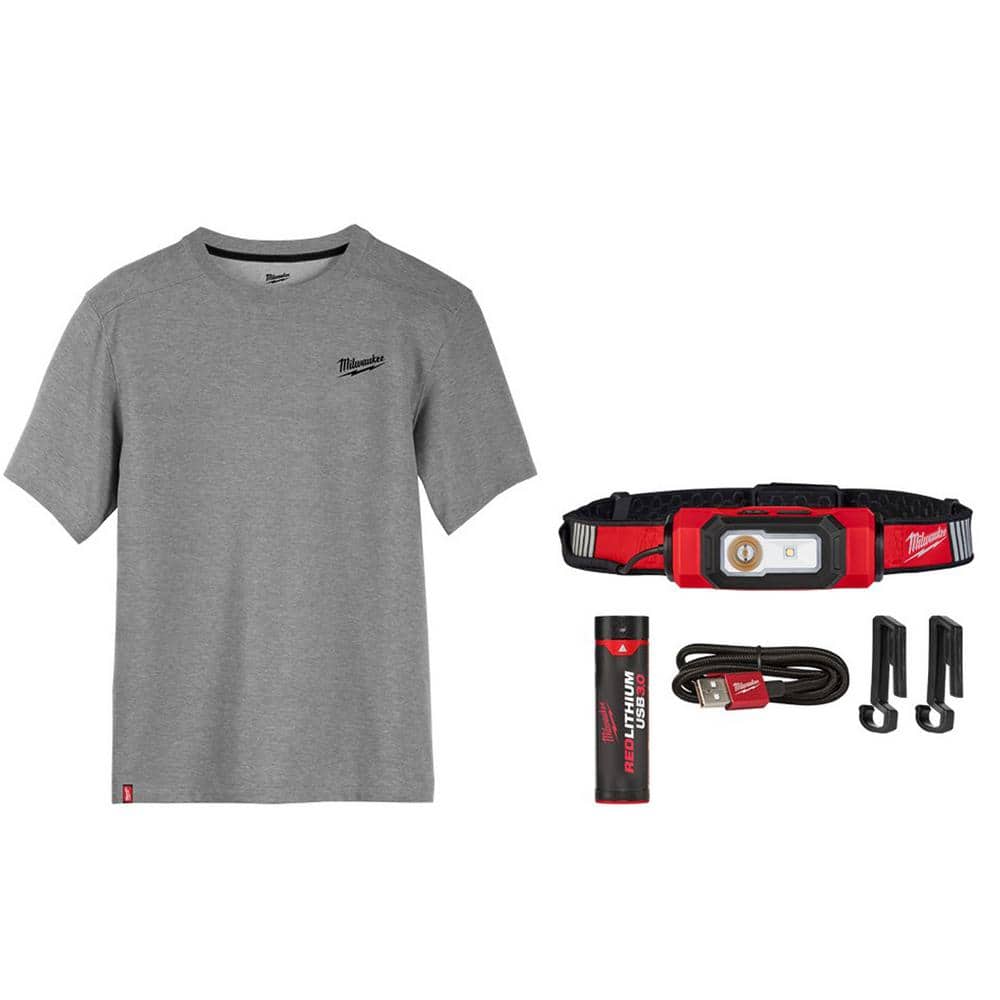 Milwaukee 600 Lumens LED REDLITHIUM USB Hard Hat Headlamp and Men's Large  Gray Cotton/Polyester Short-Sleeve Shirt (2-Pack) 2116-21-603G-L The Home  Depot