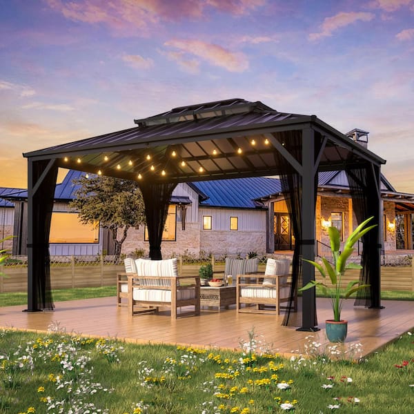 12 ft. W x 10 ft. D Metal Double Hardtop Gazebo with Pre-Painted Galvanized Steel Roof and Textilene Netting