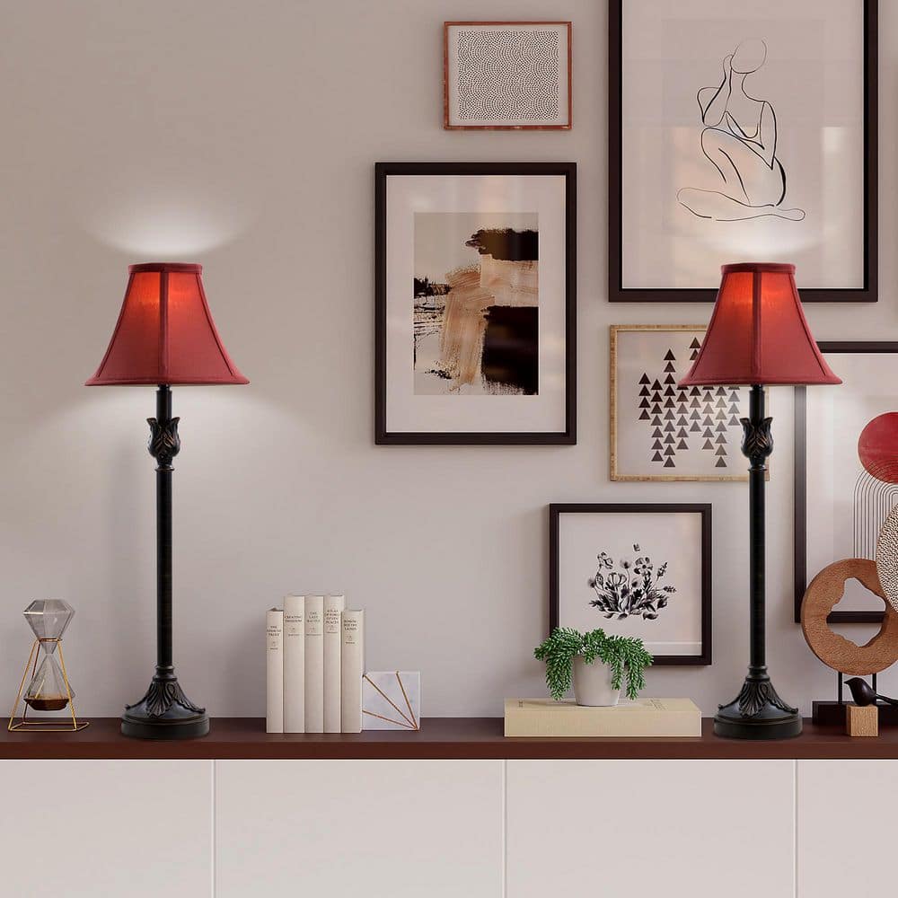 Bronze Buffet Table Lamp Set with Burgundy Fabric Shades