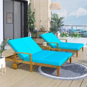 Natural Wood Patio Outdoor Chaise Lounge with Blue Cushions