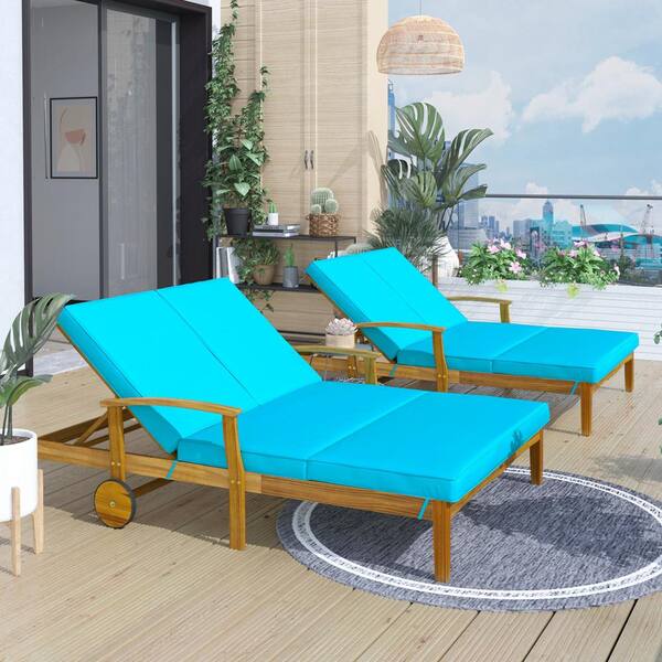 Wateday Natural Wood Patio Outdoor Chaise Lounge with Blue Cushions