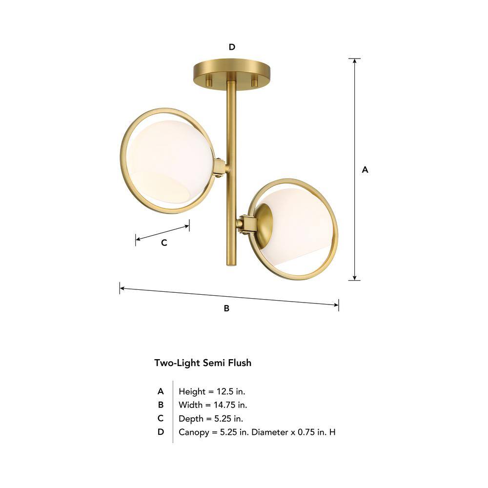 Teatro Etched Opal Glass Globe 2-Light Semi-Flush Mount in Brushed Gold