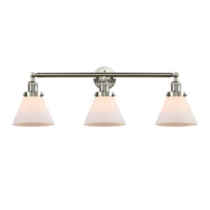 Cone 32 in. 3-Light Brushed Satin Nickel Vanity Light with Matte White Glass Shade