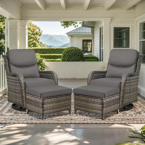 Crescent Gray Wicker Outdoor Rocking Chair Set with 5 in. Thick Gray Cushions, Swivel Rockers and Ottomans (4-Pack)
