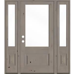 64 in. x 80 in. Farmhouse Knotty Alder Right-Hand 3/4-Lite Clear Glass Grey Stain Wood Prehung Front Door with DSL