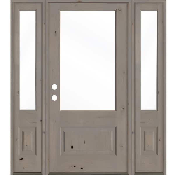 Krosswood Doors 64 in. x 80 in. Farmhouse Knotty Alder Right-Hand 3/4-Lite Clear Glass Grey Stain Wood Prehung Front Door with DSL