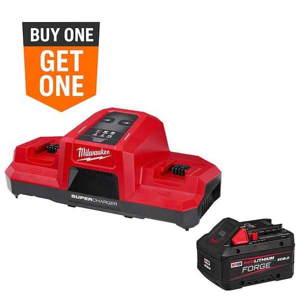 Milwaukee M18 18V Lithium-Ion REDLITHIUM FORGE 8.0 Ah Battery Pack with M18 18V Dual Bay Simultaneous Super Charger